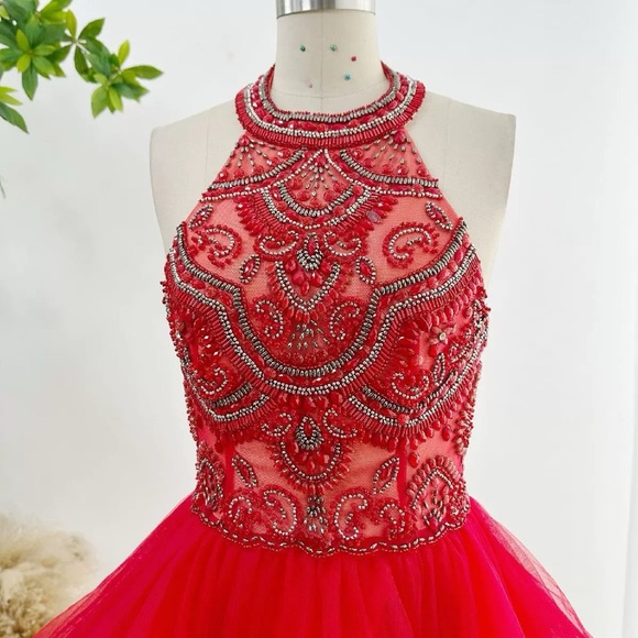 Mori Lee Halter Red mini Prom dress - Picture 3 of 11